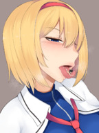 drawing vore blushing blonde long_hair tongue saliva touhou alice_margatroid shrunken_man looking_down open_mouth hanging_on sweat_drop elu77