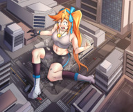 breasts drawing growth giantess city color destruction clothed sweat outgrowing_building red_hair boots surprised muscles short_shorts vehicles ace_attorney athena_cykes thunderafterdark