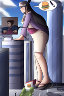 drawing growth giantess city black_hair color buildings brown_eyes sandals ace_attorney phoenix_wright cracked_pavement sash maya_fey charlydibu
