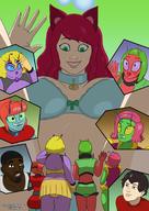 drawing gentle mega upskirt blonde color blue_eyes green_eyes purple_eyes brown_eyes yellow_eyes pink_hair green_hair red_hair blue_skin between_legs fangs cat_girl tinies waving purple_skin red_skin green_skin cutaway looking_at_tinies ari alternate_dimensions