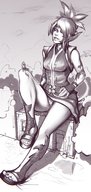 drawing gentle giantess panties upskirt monochrome large_breasts smiling ponytail sitting sandals looking_down outdoors pointed_ears final_fantasy_14 resizestuff au_ra