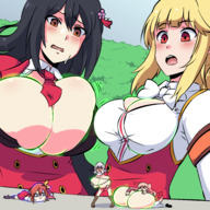 drawing growth giantess white_hair blushing blonde black_hair long_hair cleavage huge_breasts breast_expansion pink_hair red_hair looking_down giantesses herretik sweat_drop