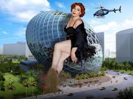 giantess collage destruction high_heels helicopter red_hair short_hair sitting looking_down looking_back necklace earrings
