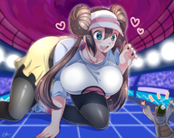 drawing giantess pokemon blushing color blue_eyes clothed skirt huge_breasts brunette crawling nylons thighs looking_at_tiny dynamax rosa_(pokemon) akatsuki_shion あかつきしおん gloria_(pokemon)