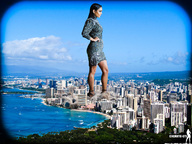 giantess collage feet city mega black_hair long_hair destruction clothed outdoors hands_on_hips cinematic-gts