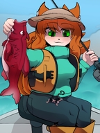 drawing gentle color green_eyes fishing shrunken_woman boats outdoors lulu june fox_girl orange_hair fish on_leg mspaintgts looking_at_tiny