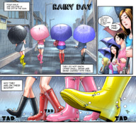drawing blonde comic black_hair color long_hair clothed short_hair shrunken_men walking unaware umbrella dialogue panels doujinsak rain_boots