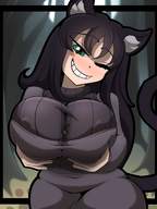 breasts drawing black_hair color cleavage green_eyes dress shrunken_man cat_girl cosplay tiffany smothering mspaintgts hex_maniac between_breasts micah