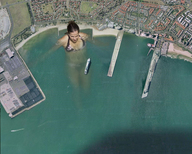 bikini giantess collage city mega black_hair long_hair e10 swimming boats outdoors aerial