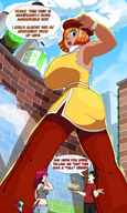 drawing giantess tail clothed huge_breasts cat_ears red_hair short_hair looking_down cat_girl dark_skin outdoors bracelet dialogue beret ari flameeliwood
