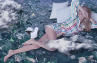 giantess collage landscape giga city mega blonde long_hair barefoot high_heels pajamas smiling lying_down clouds outdoors closed_eyes pillows artdent slippers