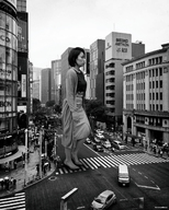 giantess collage monochrome black_hair skirt high_heels asian short_hair walking outdoors businesswoman kyoujingirls