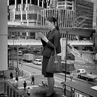 giantess collage city monochrome black_hair long_hair traffic asian ponytail phone looking_down outdoors businesswoman kyoujingirls