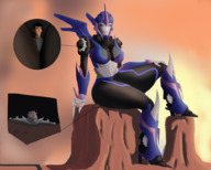 breasts drawing giantess blushing mega alien color robot blue_eyes butt_crush red_eyes sitting jack thighs outdoors no_background looking_at_tiny transformers arcee megatron between_breasts svenyatta