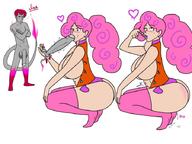 drawing vore horns long_hair butt cum penis demon huge_breasts pink_hair kneeling shrunken_man huge_penis no_background grey_skin stretchysophie