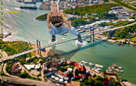 collage city blonde long_hair bridge traffic jeans boots boats vehicles outdoors crouching straddling ripped_clothing skimpy_clothing giantessbuster209 bare_midriff