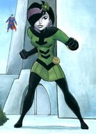 breasts drawing giantess mega alien black_hair color skirt gloves legs costume superman cape white_skin dc_comics shrinking_violet legion_of_superheroes grim1978 flower_in_hair hair_streak