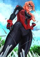 breasts drawing growth giantess mega blonde color long_hair destruction gloves ponytail mask outdoors costume cassie_lang stature marvel_comics skintight_clothing grim1978 stinger