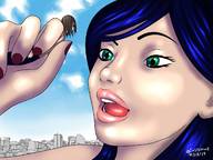 drawing giantess vore city long_hair handheld blue_hair open_mouth outdoors licking_lips tastysnack