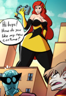 breasts drawing giantess city mega color large_breasts long_hair handheld cleavage skirt water buildings brunette gloves red_hair toad skyscraper mask avengers towering freckles costume dialogue x-men mary_jane grey_skin spider-man marvel_comics the_wasp caiman2 earth_20052 batroc hydro-man trapster jack_o´lantern