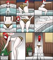 bikini drawing butt_crush blood red_hair sitting pool outdoors dialogue corrodedspoon