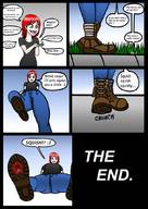drawing crush comic long_hair blood low_angle smiling red_hair boots shrunken_man shoe_crush raised_foot dialogue panels corrodedspoon