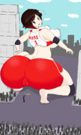 drawing city black_hair butt huge_breasts smiling short_hair kneeling looking_down outdoors looking_back crowds rwby ruby_rose bare_midriff mamaweege123