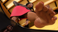 black_hair long_hair toes barefoot soles glasses smiling in_shoe looking_down dark_skin rings raised_foot digital_render binary_prophet