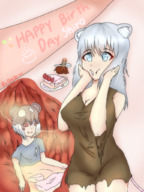 drawing white_hair vore large_breasts long_hair cleavage cake spoon inside_stomach no_background cutaway galegram