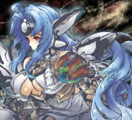 drawing crush earth giga space color long_hair destruction planet cleavage red_eyes blue_hair embernaga kos_mos xenosaga