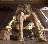 giantess blonde long_hair goddess low_angle sitting sandals worship crown queen shrunken_man jewelry rings throne digital_render notch