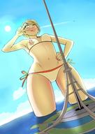 bikini giantess blushing blonde smiling short_hair jets outdoors hand_on_hips winking bubimun bare_midriff