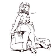 drawing monochrome large_breasts long_hair butt cleavage mini_giantess sitting closed_eyes dialogue thick_thighs no_background meatballattack