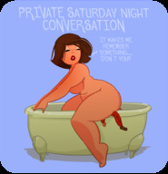 drawing nude large_breasts bath brunette short_hair mini_giantess sitting looking_back dialogue thick_thighs no_background meatballattack