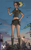 drawing city helicopter brunette ponytail boots shorts looking_down outdoors sunset bare_midriff bigbeerbear detsruction
