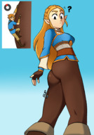 drawing blonde color butt clothed climbing shrunken_man outdoors body_climbing on_leg looking_at_tiny the_legend_of_zelda_breath_of_the_wild punishedmosquito link_(the_legend_of_zelda) princess_zelda_(the_legend_of_zelda)