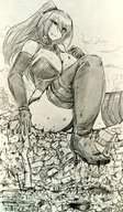 drawing crush collage monochrome long_hair huge_breasts blood breast_crush gloves ponytail boots sitting looking_down shoe_crush thick_thighs ulzakino