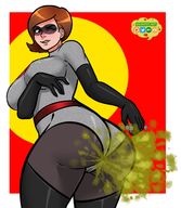 drawing large_breasts clothed brunette gloves short_hair fart mask looking_back big_butt skintight_clothing swampyart