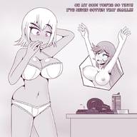 drawing blushing monochrome long_hair blue_eyes huge_breasts topless underwear purple_eyes short_hair surprised shrunken_woman looking_down waving dialogue no_background inksgirls