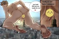 drawing city butt destruction giant male penis toes barefoot soles brunette short_hair outdoors testicles looking_back