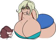 drawing cleavage saliva huge_breasts mini_giantess bending_over big_butt no_background owlizard