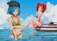 bikini breasts drawing giantess blushing blue_hair red_hair short_hair sitting giantesses outdoors ships beanie kirimatsu hair_drills