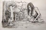 drawing giantess monochrome long_hair bondage crawling looking_down forest outdoors denizen-toad