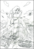 drawing city monochrome long_hair helicopter military fighting running outdoors missile jjonair