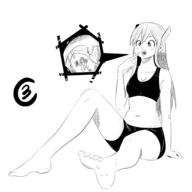 drawing vore monochrome long_hair sitting shrunken_woman open_mouth pointing on_tongue no_background cutaway kiwiisbestfruit