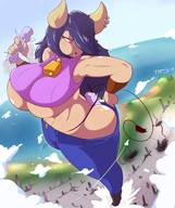drawing giantess giga horns tail black_hair long_hair destruction huge_breasts looking_down big_butt inside_clothing thick_thighs thaddeusmcboosh