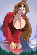 drawing giantess long_hair tongue huge_breasts brunette bending_over forest outdoors big_butt thick_thighs thaddeusmcboosh