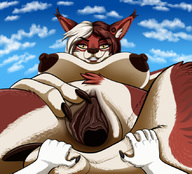 drawing nipples nude pussy furry anthro color low_angle yellow_eyes smiling short_hair unknown_artist looking_down outdoors point_of_view hanging_on source_needed looking_at_tiny multicolored_hair spreading_pussy claire_(golderoug) golderoug