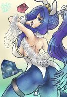 drawing long_hair bunny_ears saliva blue_hair huge_breasts ponytail inside_mouth tinies big_butt inside_clothing no_background embernaga cutaway