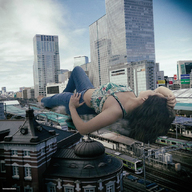 giantess collage city black_hair long_hair barefoot buildings lying_down outdoors kyoujingirls